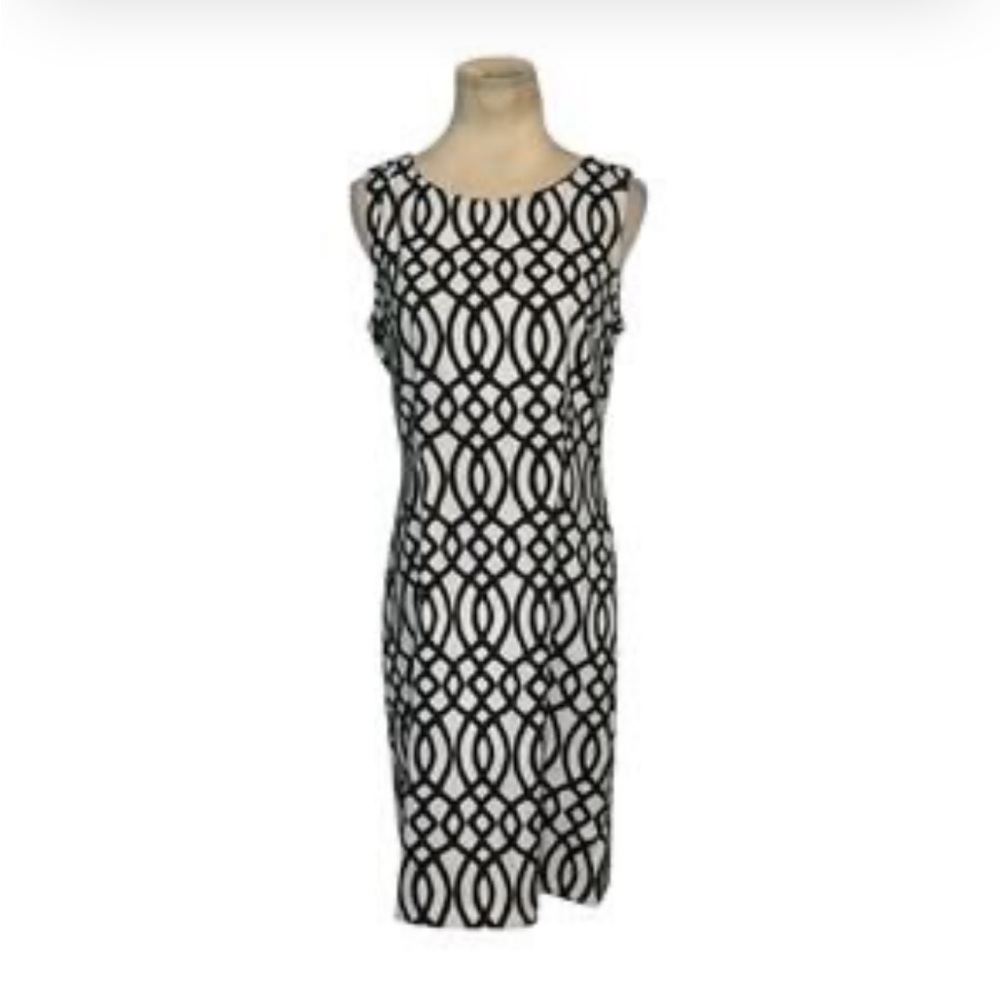 Geometric  Pattern Sheath- Creme-Off White /Black -NWOT-Sz 10-Chic & Flattering - Picture 2 of 13